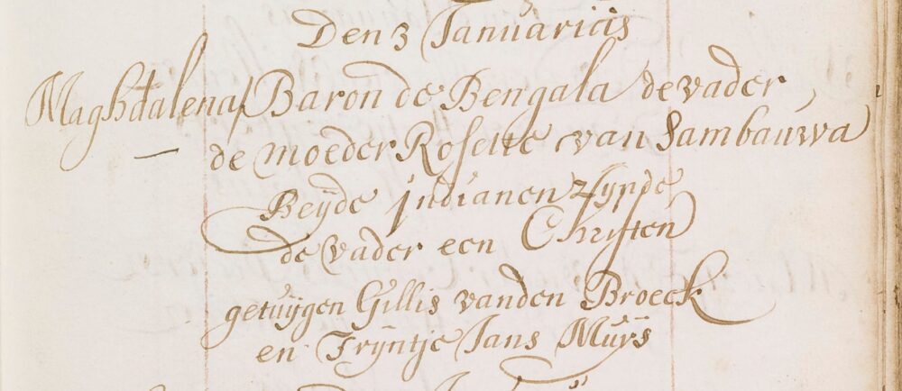 Illustratie: doopinschrijving van de dochter van Baron de Bengala, 3 januari 1690.