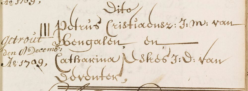 Illustratie: trouwinschrijving van Petrus Cristiaensz van Bengalen, 1709