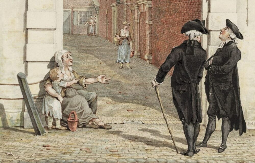 Illustratie van bedelaarster met kind