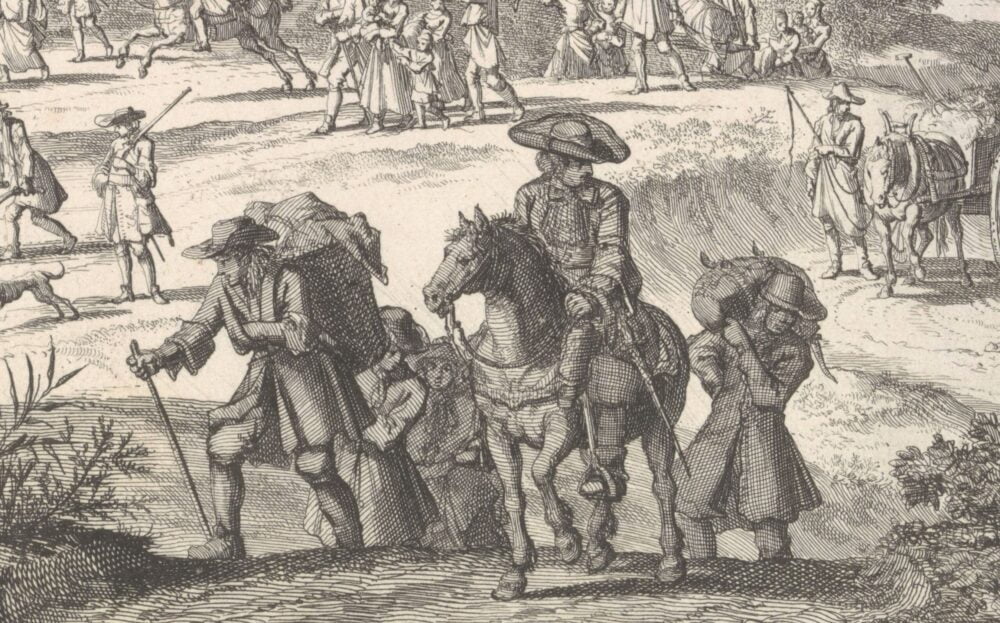 Illustratie: prent van protestanten die na 1685 Frankrijk ontvluchten.